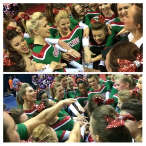 All-Girl and Co-Ed in their pre-competition huddles